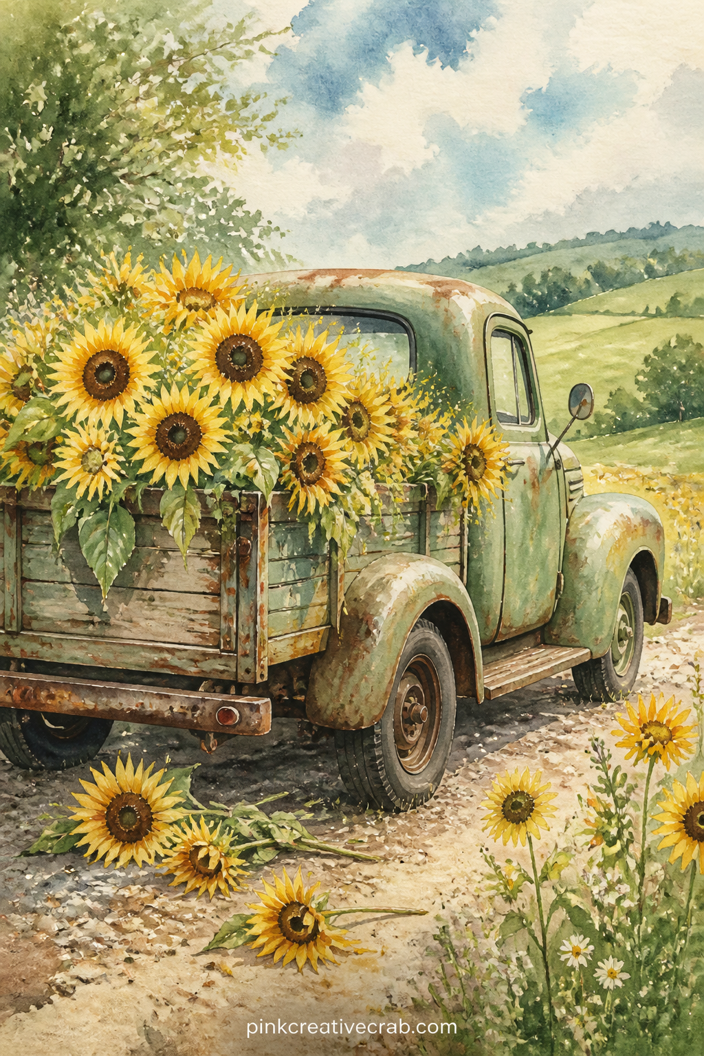 Old Truck Full Of Sunflowers printable page — Overflowing from the bed of a rusted farm truck, loose sunflowers spill out onto a gravel lane, a quiet green