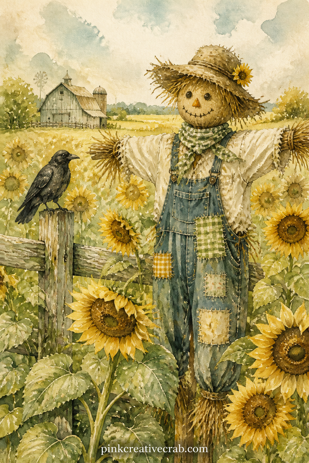 Scarecrow In The Sunflower Patch printable page — Pair this page with the seamless gingham background to come: cut a narrow strip of that pattern as a sash on