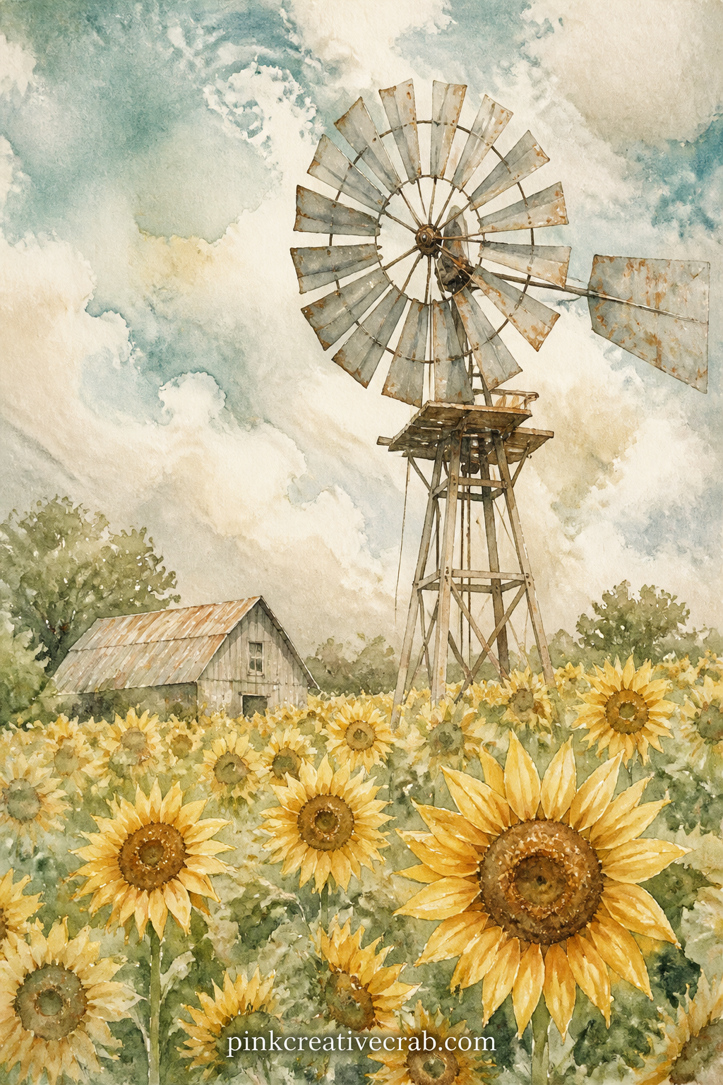 Windmill Over A Sunflower Field printable page — A weathered windmill turns slowly over a stretch of sunflowers, its blades caught mid turn against a soft