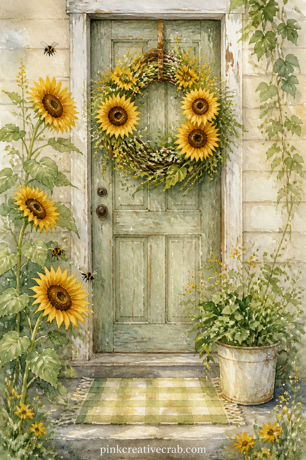 Sunflower Wreath On A Door printable page — The five minute version of this page: paint or print only the wreath and the door panel below it, skip the porch