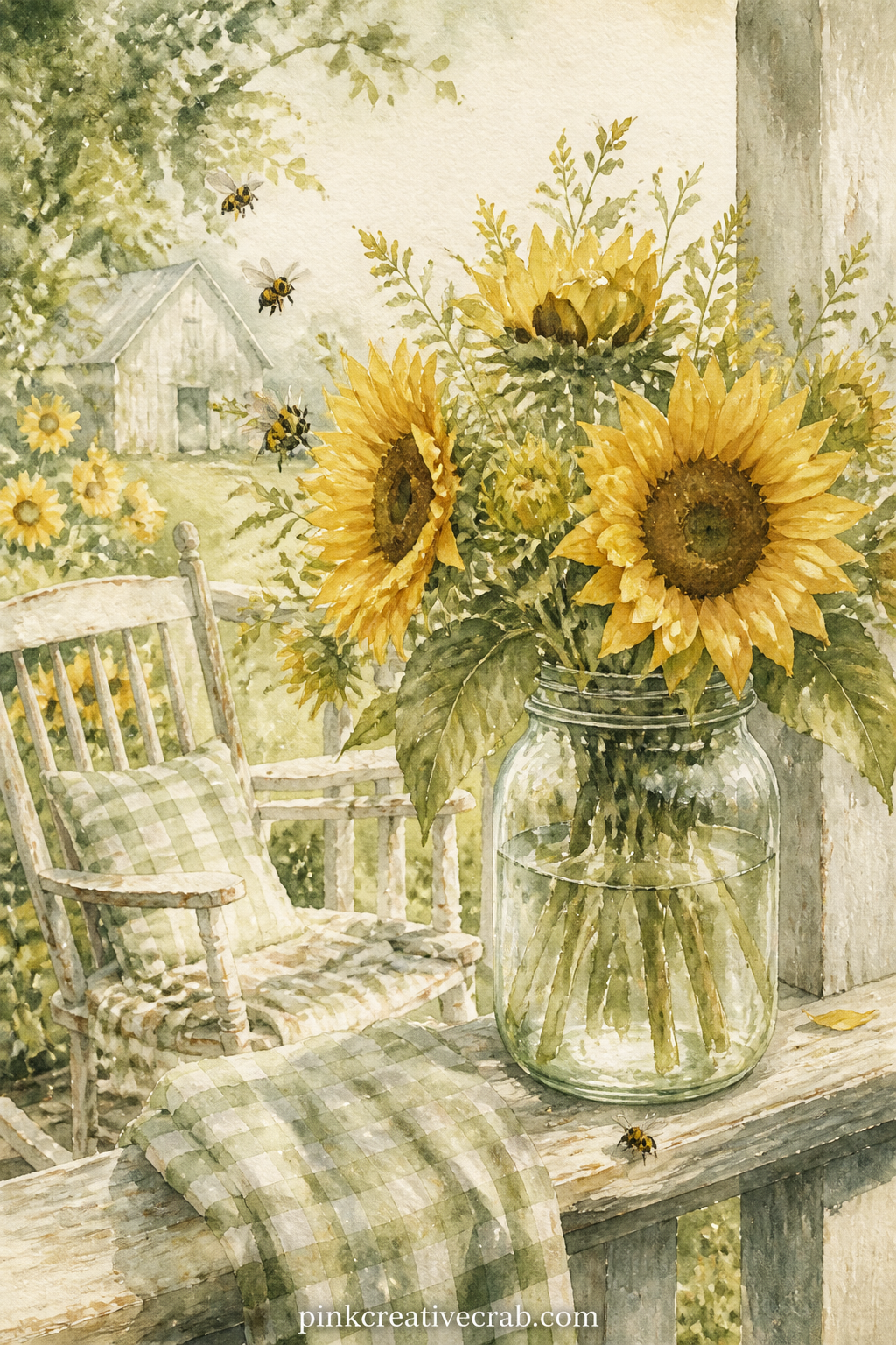 Sunflowers In A Mason Jar On A Porch Rail printable page — A mason jar of sunflowers sits on a porch rail, a rocking chair just visible behind it and a stretch