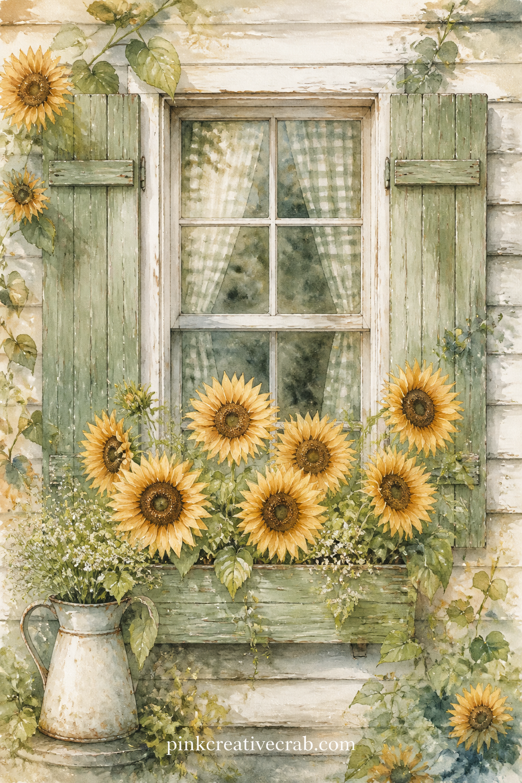 Farmhouse Window With Sunflower Box printable page — A window box crowded with sunflowers sits below shuttered farmhouse windows, the weathered wood siding