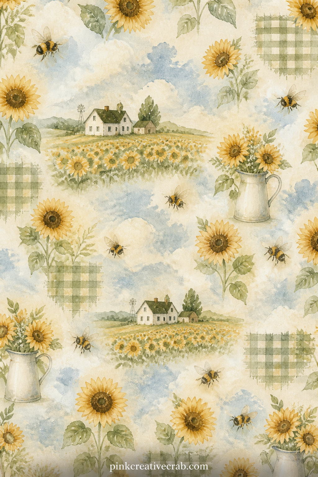 Sunflower Field With A Distant Farmhouse printable page — A small white farmhouse sits at the far edge of a sweeping sunflower field under a wide painted sky
