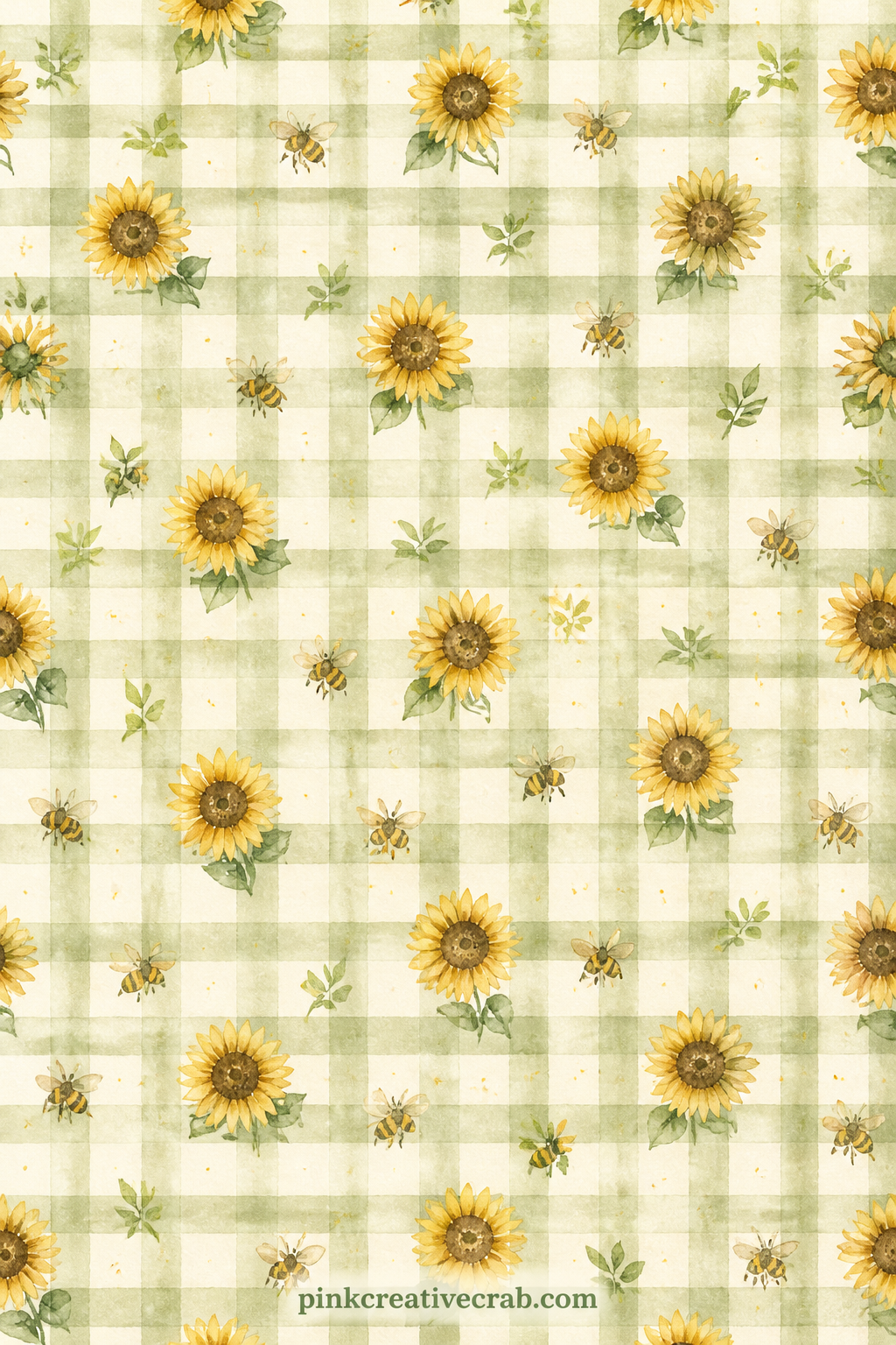 Sunflower And Gingham Pattern printable page — Small sunflower heads scatter over a gingham check in this all-over pattern, useful as a cover sheet, under a