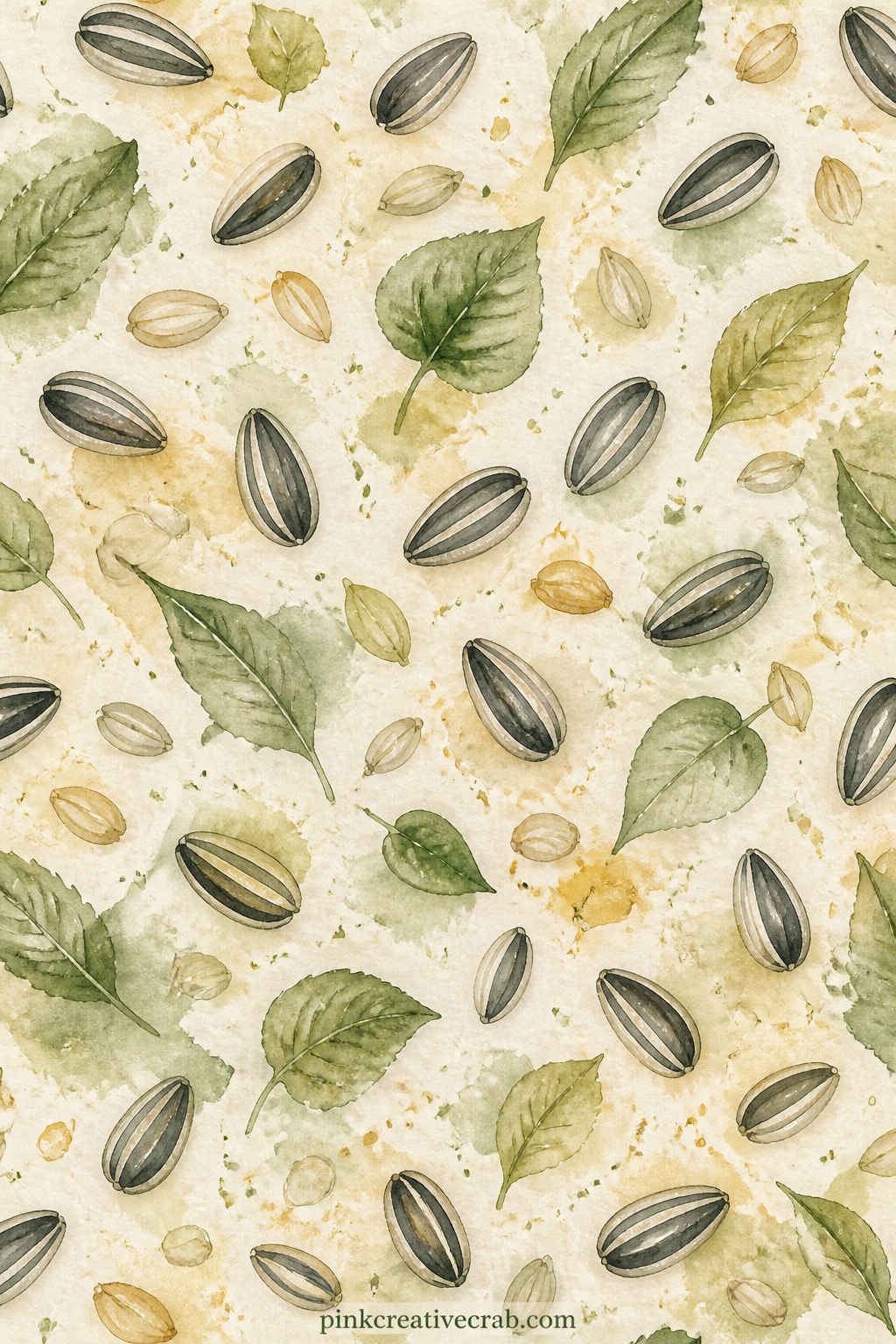 Sunflower Seed And Leaf Pattern printable page — Scattered sunflower seeds and small leaf shapes drift loosely over the whole sheet, good as a photo backing