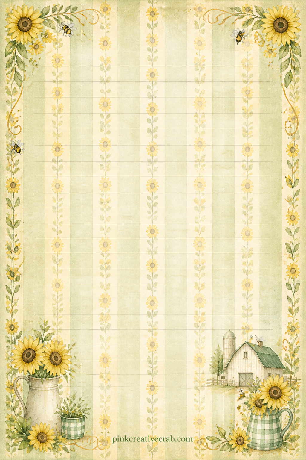 Sunflower Stripe Background Paper printable page — Soft vertical stripes alternate with narrow bands of tiny sunflowers, steady enough to use as a cover sheet