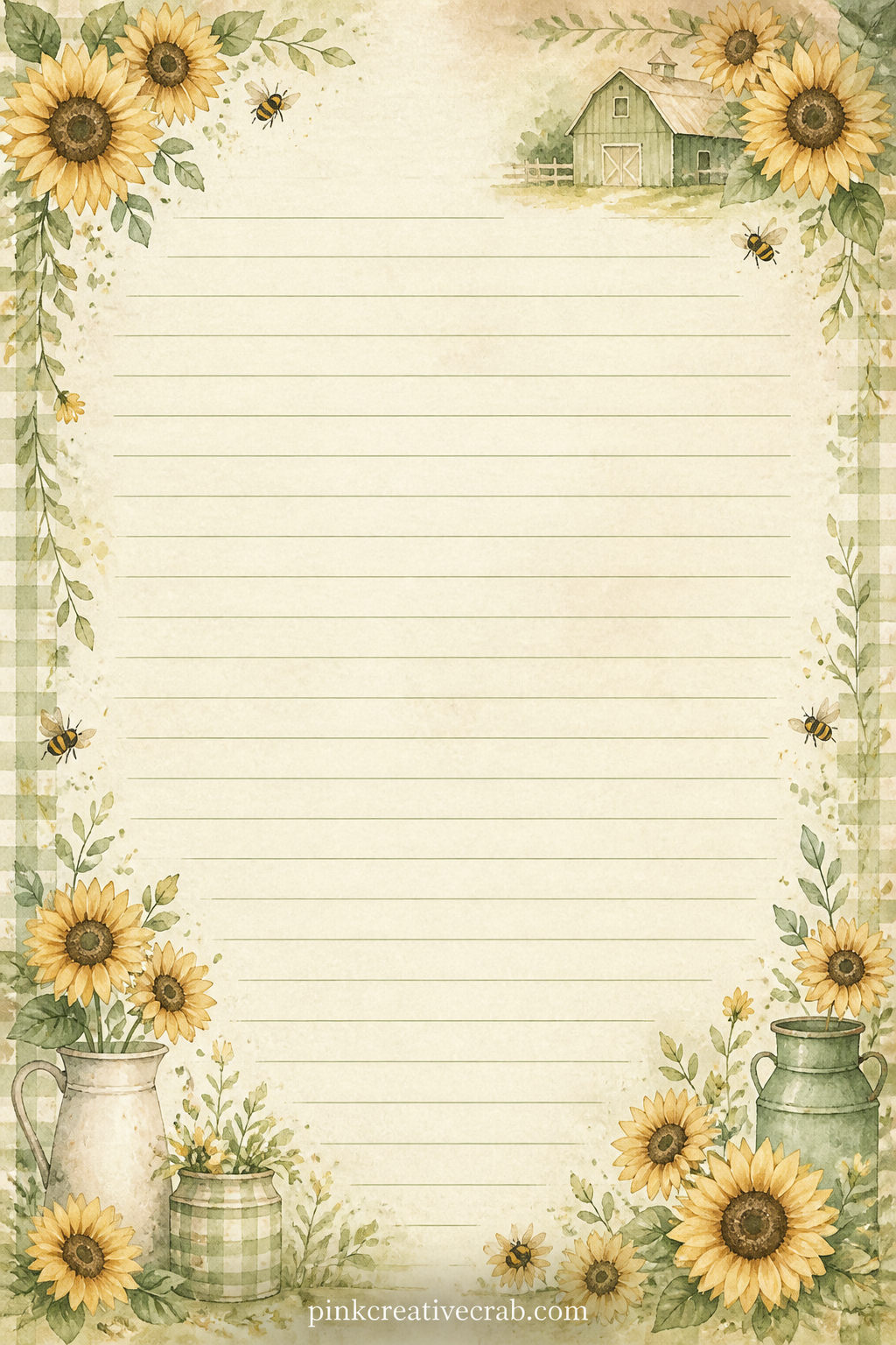 Sunflower Corner Spray Lined Page printable page — Corner sprays of sunflowers frame the ruled lines here, ready for a gift list, a note about the summer
