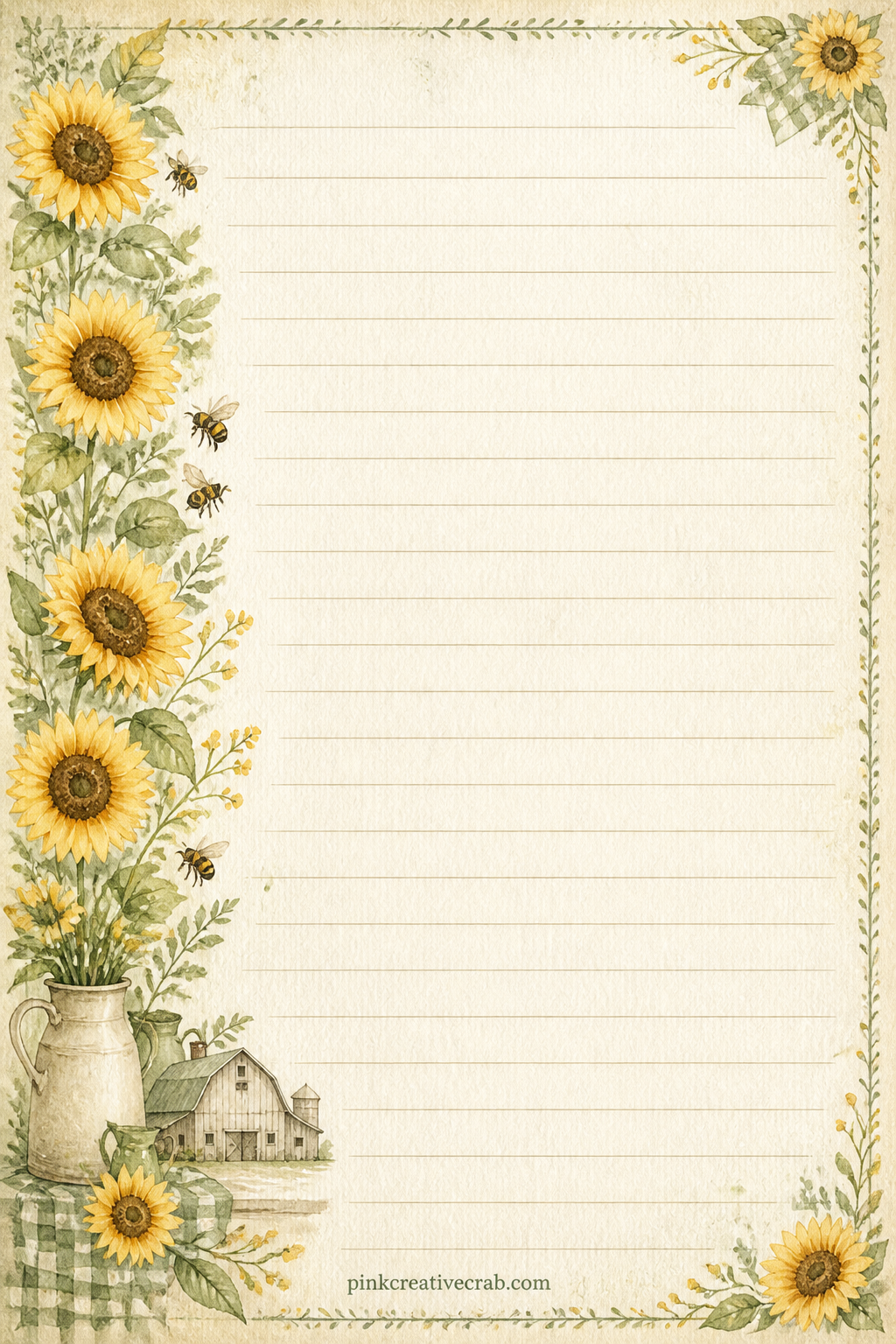 Sunflower Side Band Lined Page printable page — A narrow band of sunflowers runs down the left edge, leaving the ruled lines free for a farmhouse recipe, a