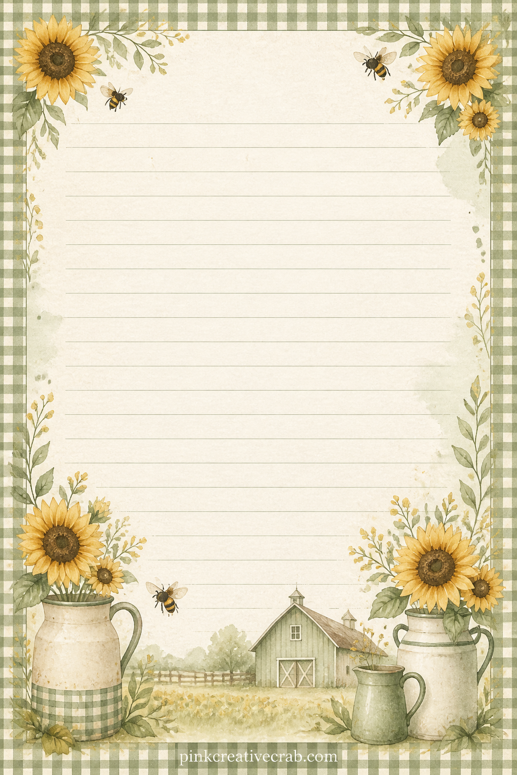 Gingham Frame Lined Page printable page — A thin gingham frame borders this page, suited to a kitchen memory, a list of summer visitors, or a note about what