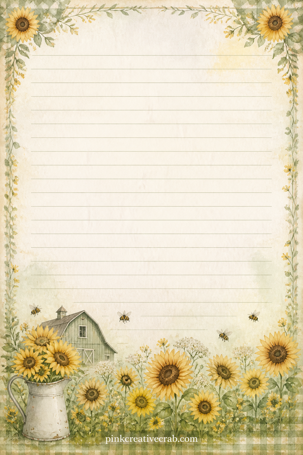 Sunflower Field Border Lined Page printable page — A low painted field of sunflowers sits along the bottom edge only, the rest of the page kept clear for a