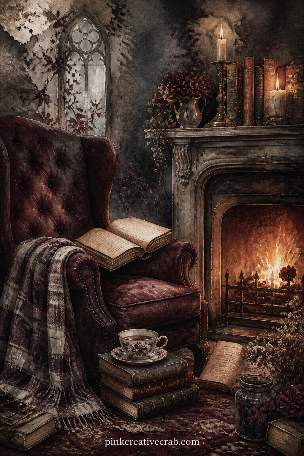 Reading Nook By The Fire printable page — Tuck a real library card or an old bookmark along the bottom edge of this page before you glue it in, something that