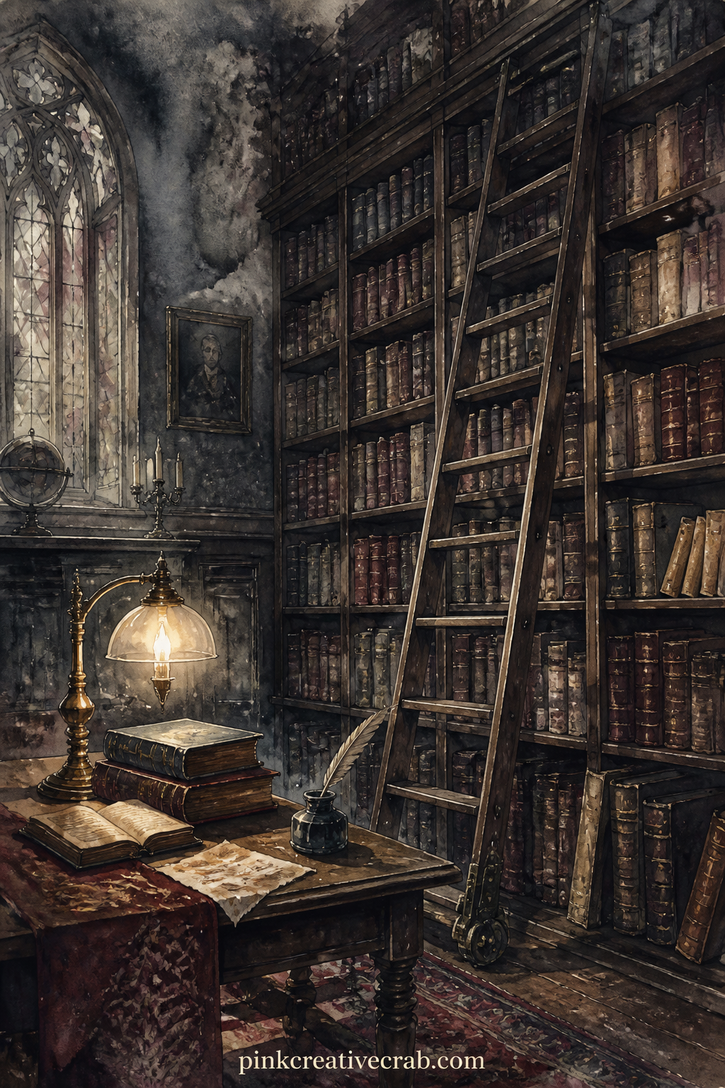 Old Library With Rolling Ladder printable page — Towering shelves lean in on every side of this room, with a rolling ladder caught mid-slide and a single lamp