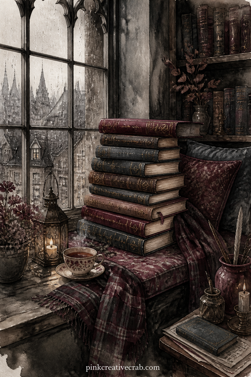 Window Seat With Stacked Books printable page — A deep window seat holds a leaning stack of books, a folded scarf and a cup gone cold, with rain tracing lines