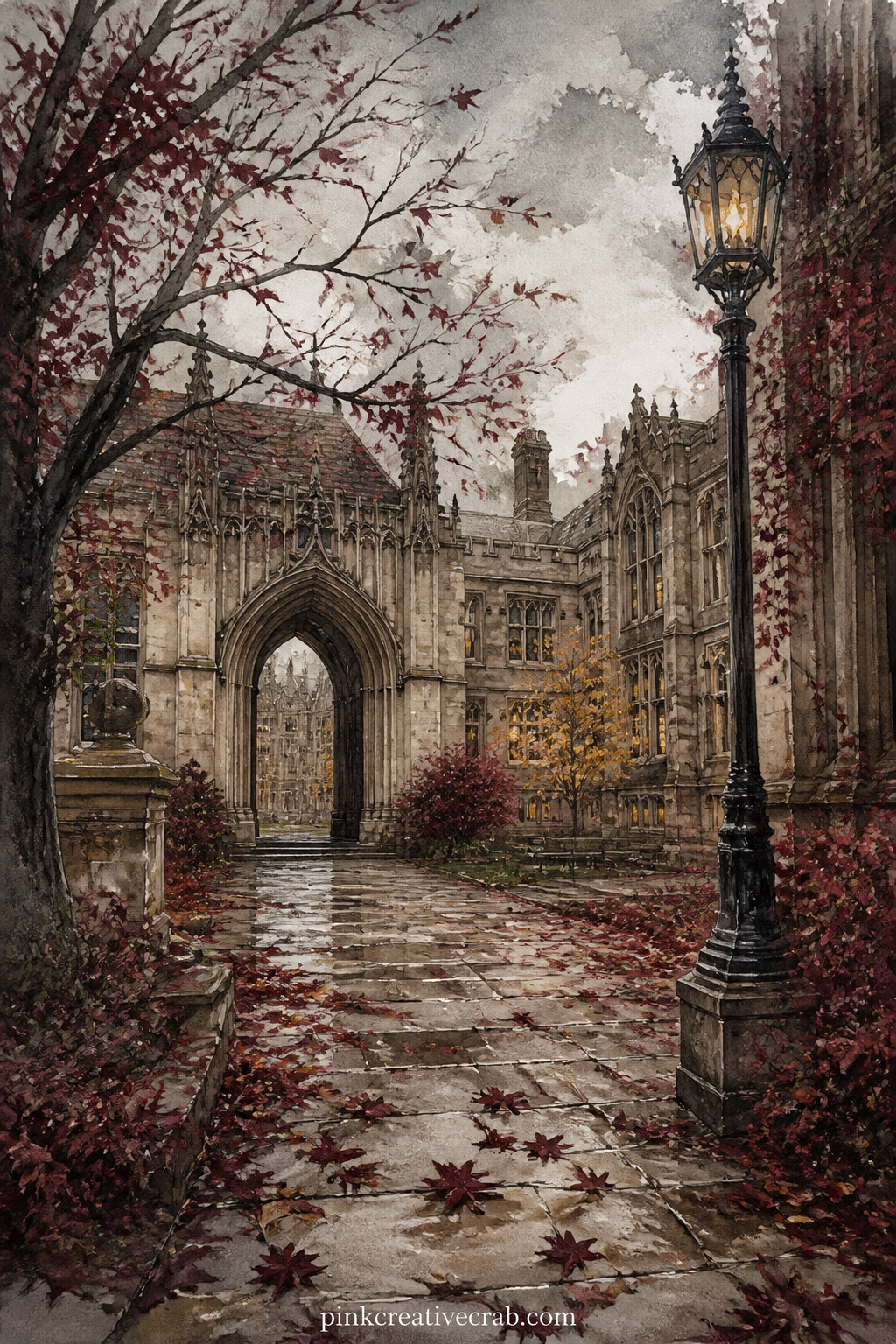 Gothic University Courtyard In Autumn printable page — The usual mistake here is cramming in too many fallen leaves until the stone path disappears. Dark