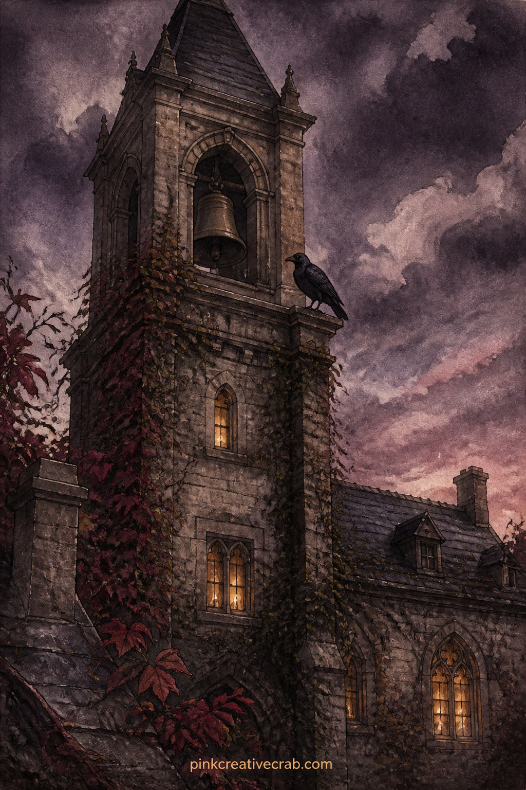 Bell Tower At Dusk printable page — A tall bell tower rises over the courtyard wall as dusk settles, with a crow perched on the ledge and lit windows scattered