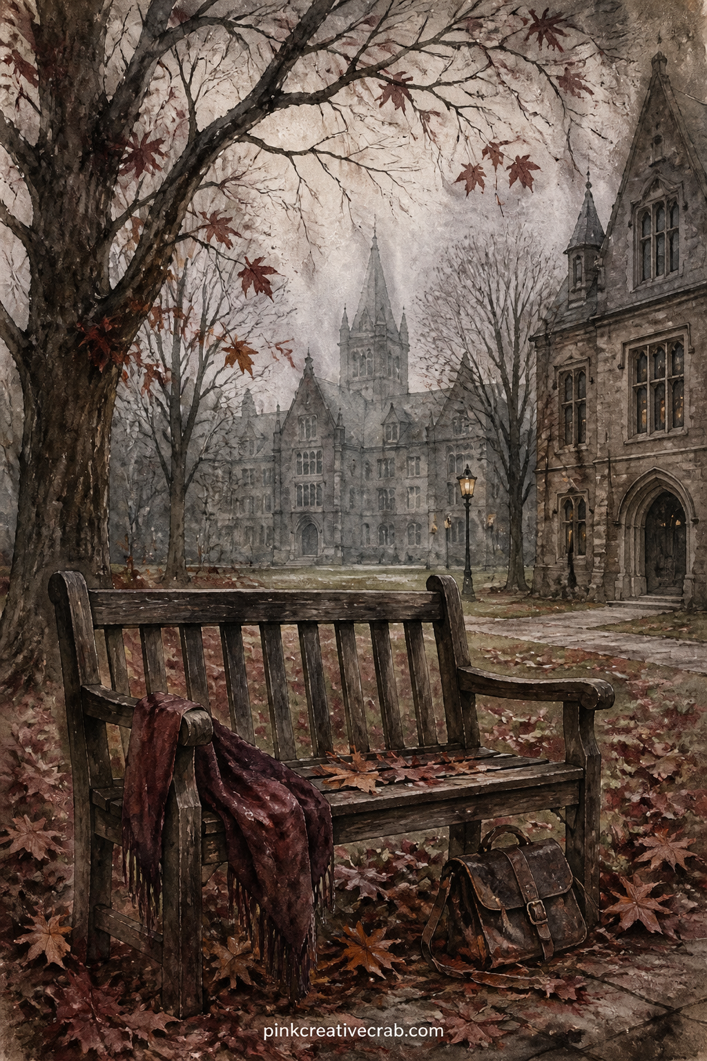 Quad Bench Under Bare Trees printable page — This one suits a reader who loves her college years, so set it near the front of a gift journal made for a