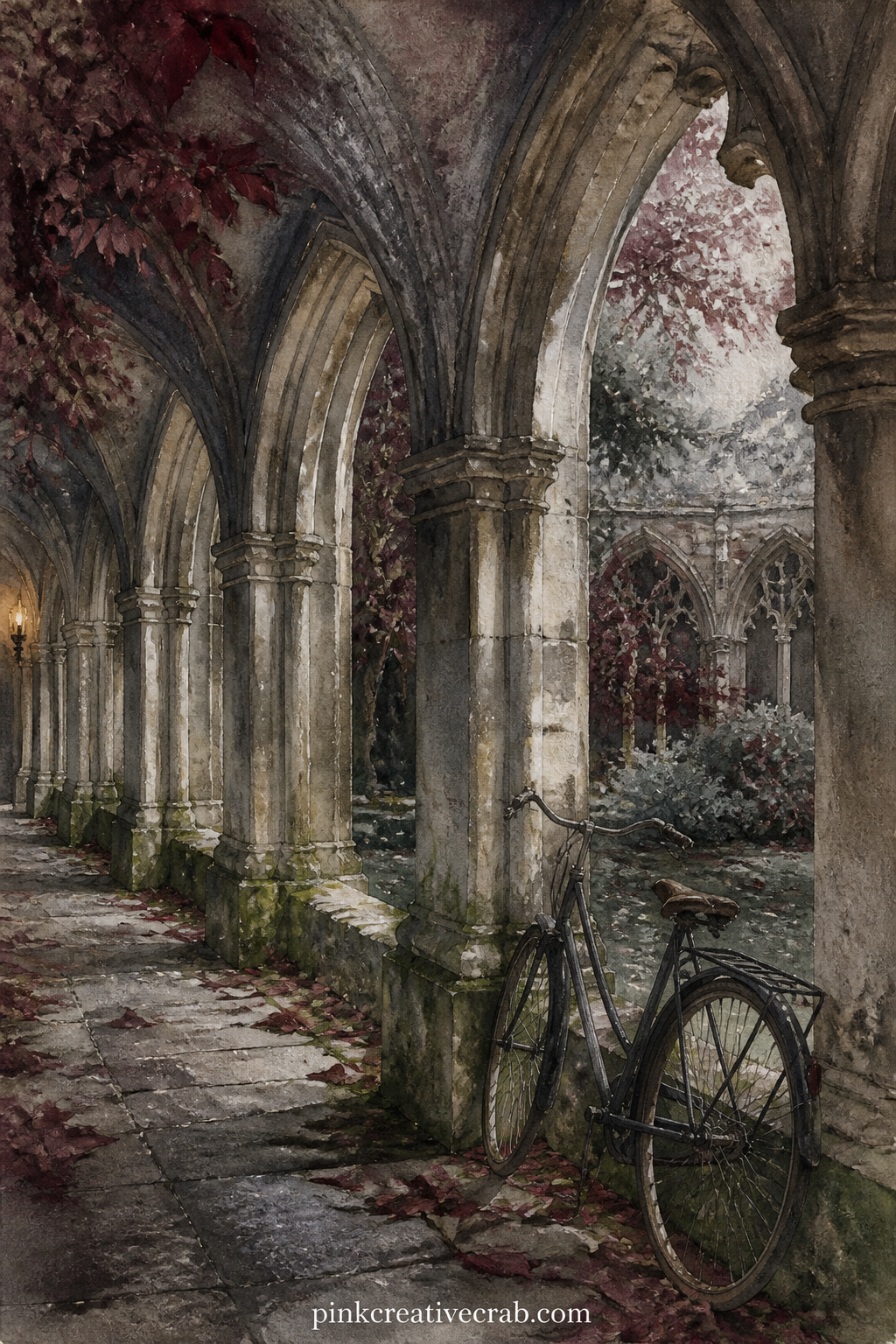 Cloister Walk With Stone Arches printable page — A row of stone arches lines this covered walk, with moss creeping along the lower stones and a single bicycle