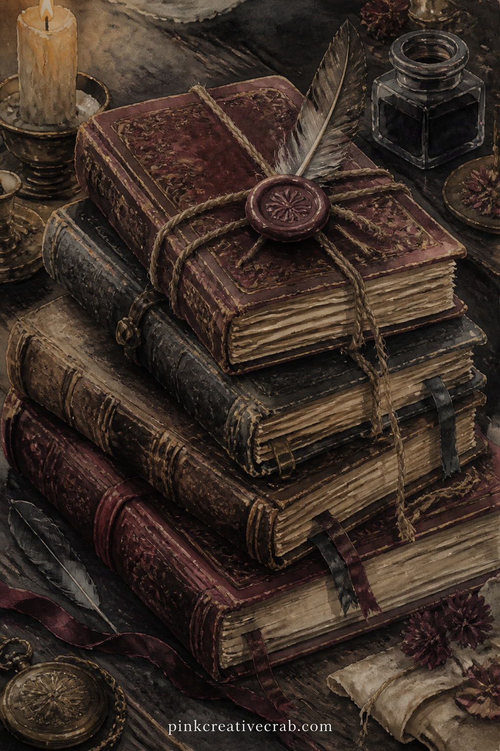 Stack Of Leather Bound Journals printable page — Try tea-staining just the top edge of this page before you trim it, so the stacked spines look even older once