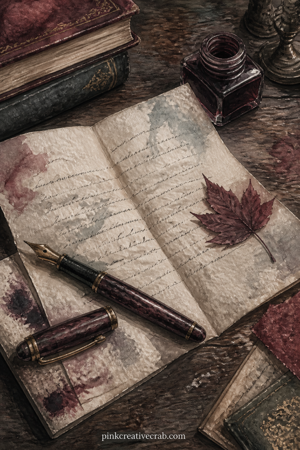 Fountain Pen And Open Letter printable page — An open letter sits half finished beside a fountain pen, its cap off, with a blotting pad, a small bottle of ink