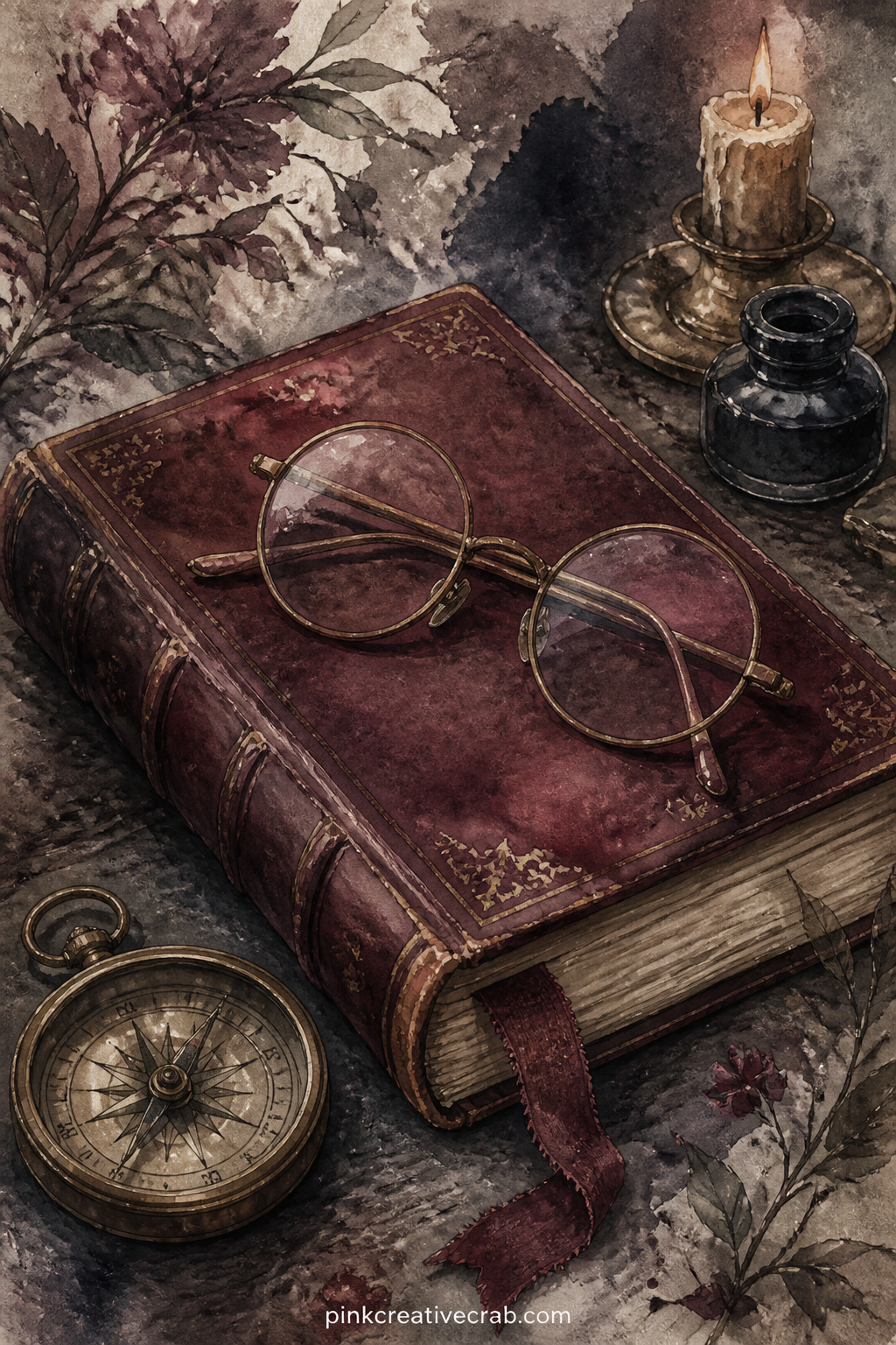 Spectacles On A Closed Book printable page — Which background page from this set to pair it with: lay this one over the Aged Paper and Ink Blots Background so