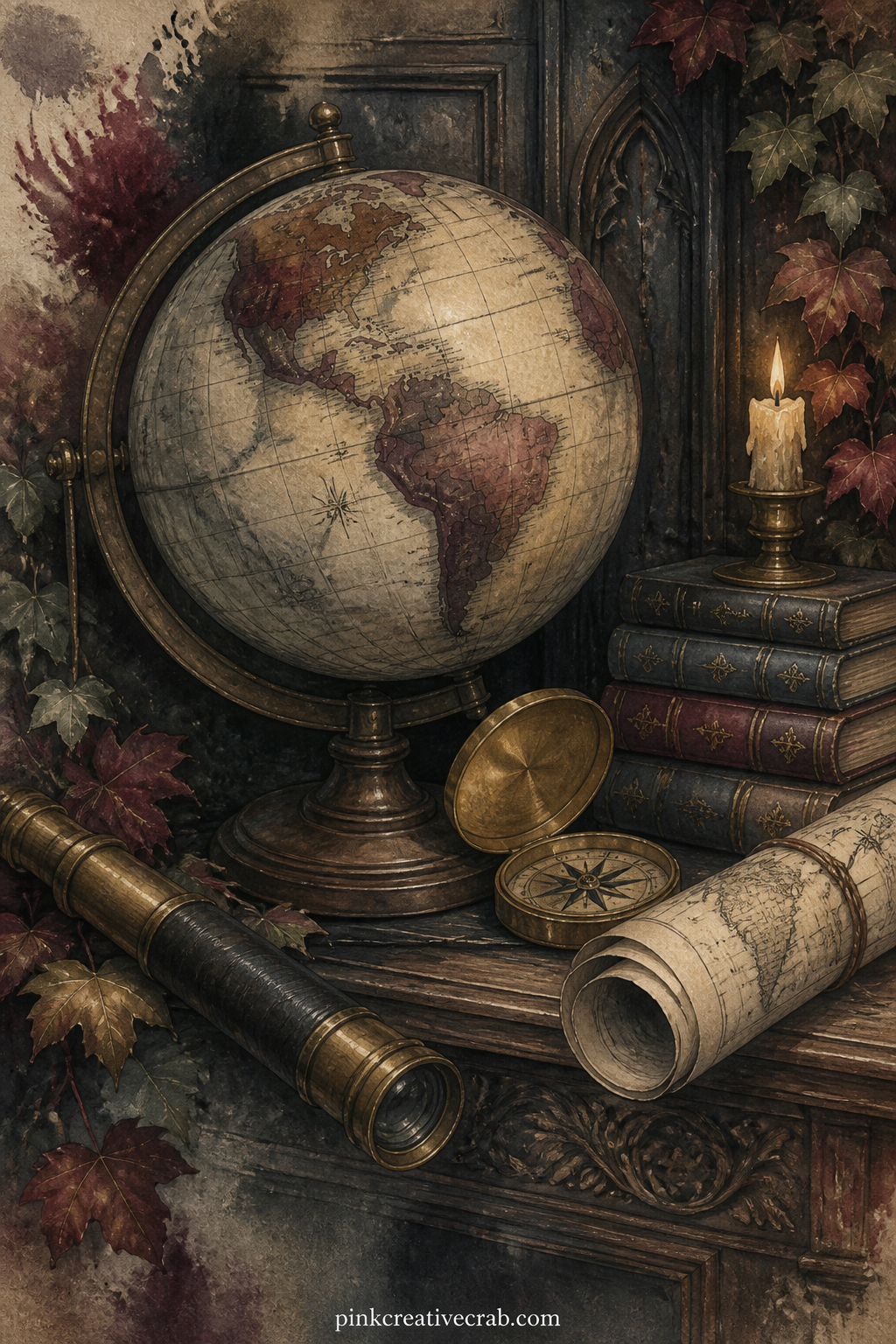 Globe And Compass On A Shelf printable page — What would you still like to learn, given a whole lifetime for it. Dark academia junk journal