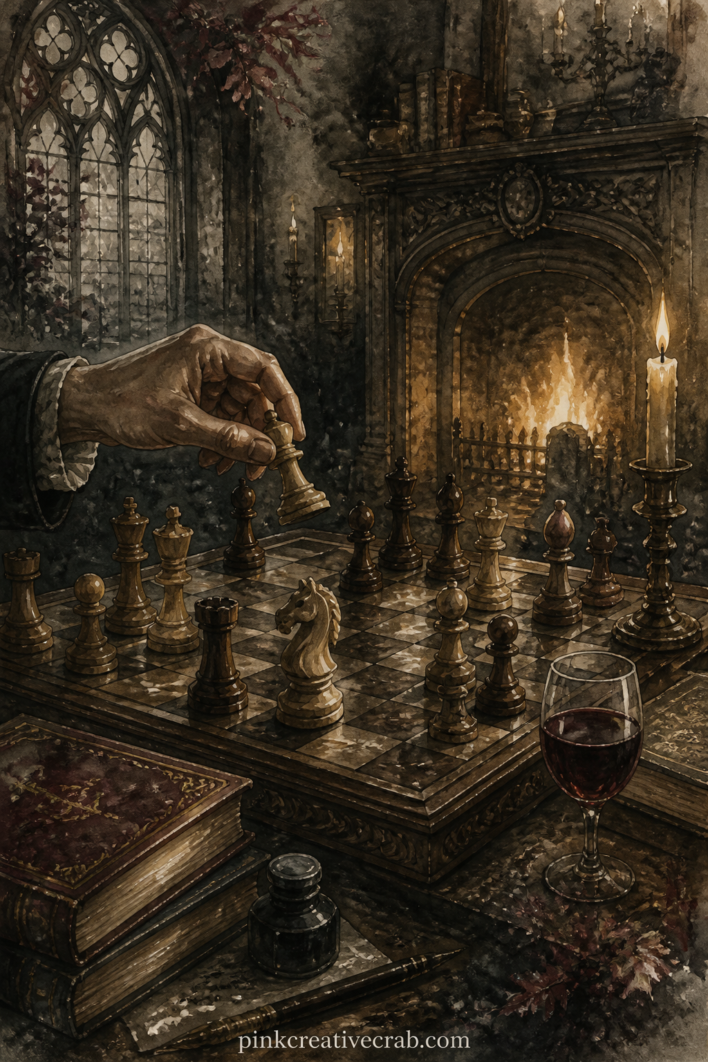 Chess Game Left Mid Move printable page — Carved wooden pieces sit frozen mid game on a chessboard beside the fire, one knight lifted halfway across the board