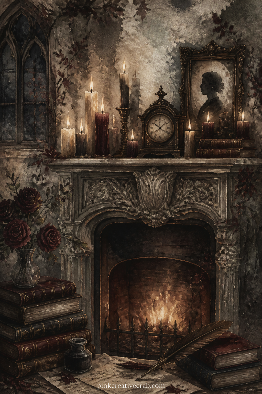 Fireplace Mantel With Candles printable page — Three things worth tucking onto this page: a pressed autumn leaf, a short line of poetry, a train or theatre