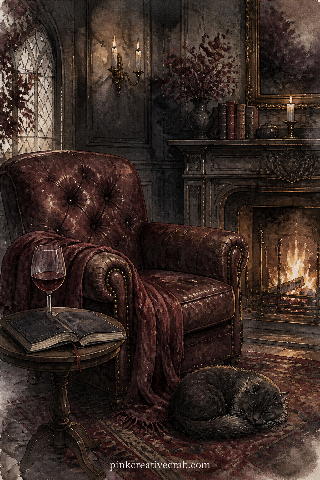Armchair And Half Finished Wine printable page — Place this one facing the Chess Game page so the two fireside scenes sit together as a spread, letting the