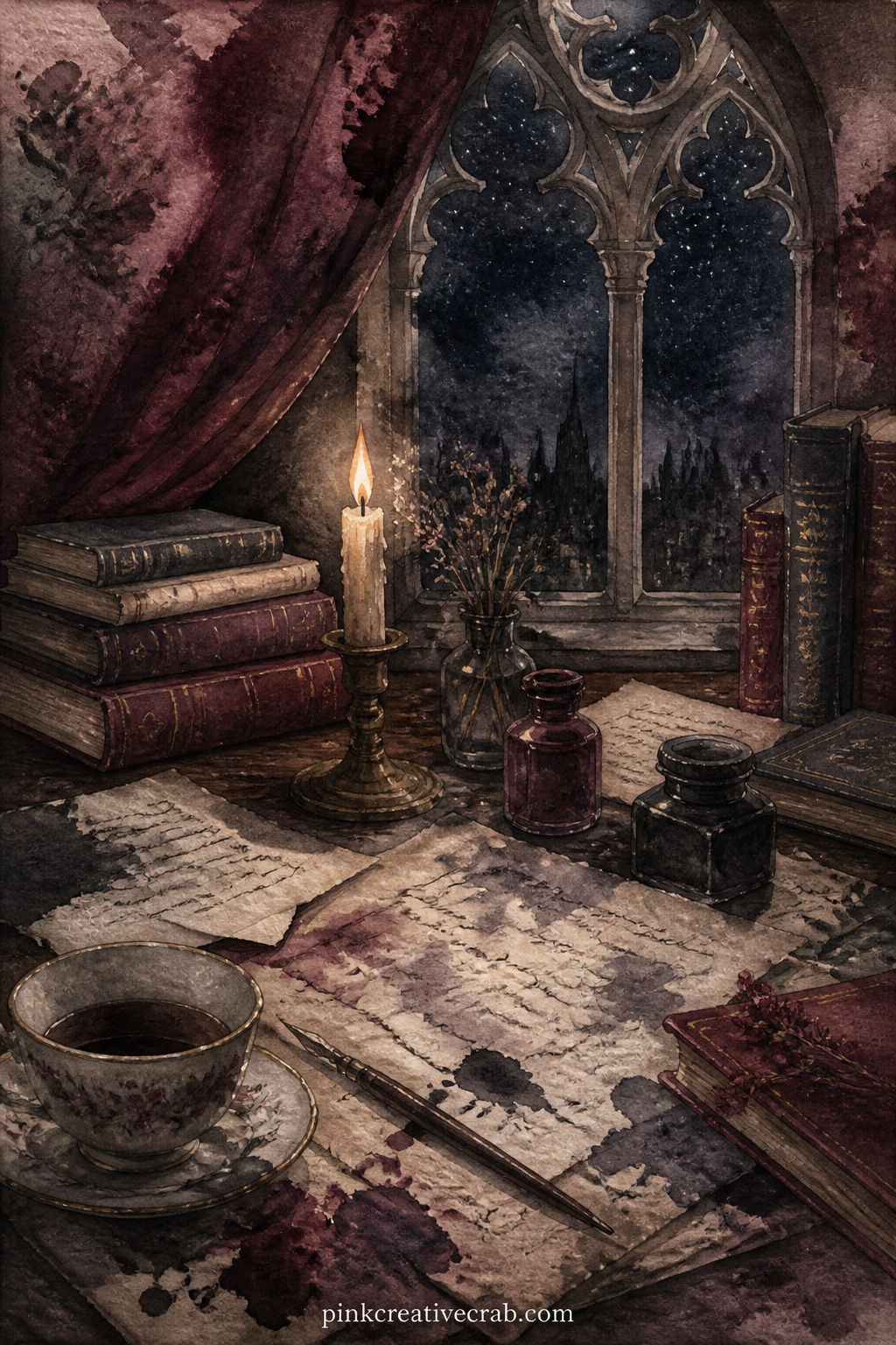 Writing Desk By Candlelight At Night printable page — A gift journal built around late night study or thesis writing calls for this page near the middle
