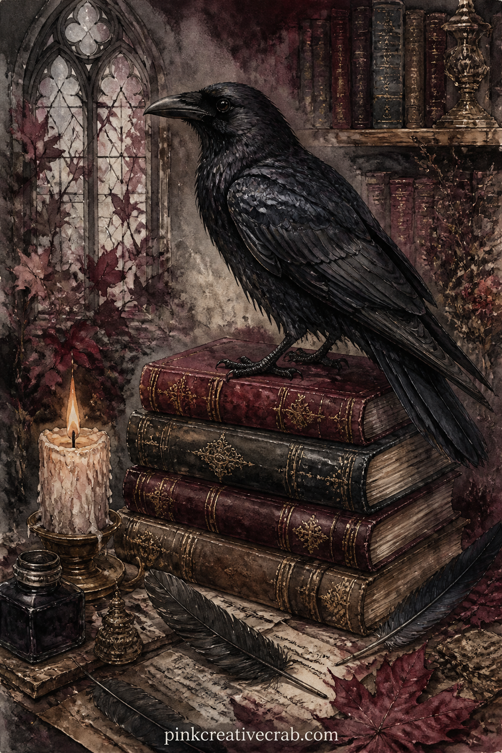 Raven On A Stack Of Books printable page — A raven perches on a leaning stack of old books, its head turned toward a burning candle stub and a few scattered