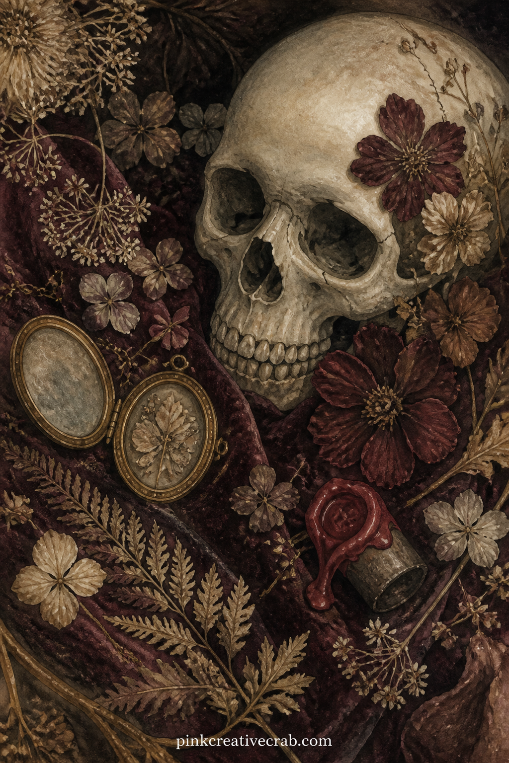 Skull With Pressed Flowers printable page — Keep this page for the reader drawn to memento mori imagery, the one who already keeps pressed flowers and old
