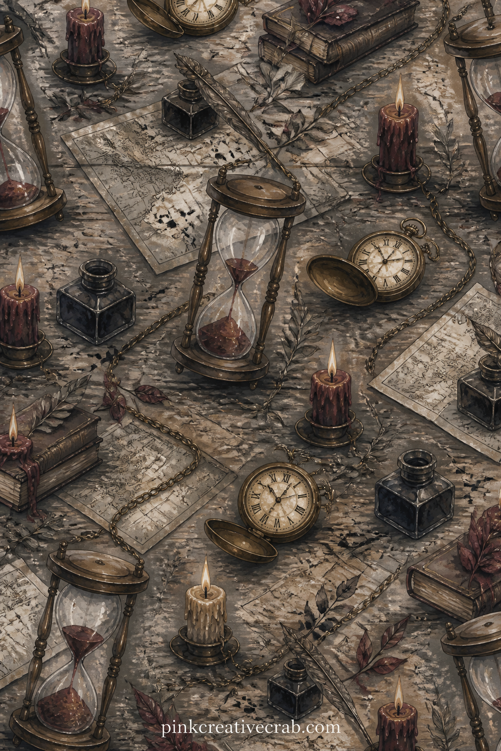 Hourglass And Old Pocket Watch printable page — The usual mistake is painting the hourglass sand too bright against this dark palette. Dark academia junk
