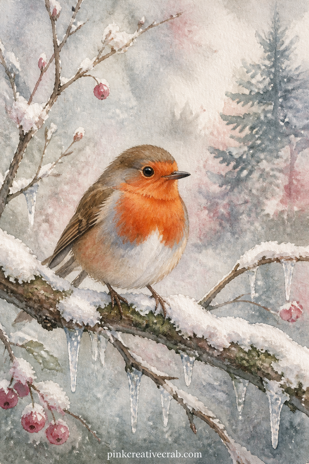 Robin On A Snowy Branch printable page — A robin settles on a snow-dusted branch, its red breast the one warm note against a pale winter wash. Bird junk journal