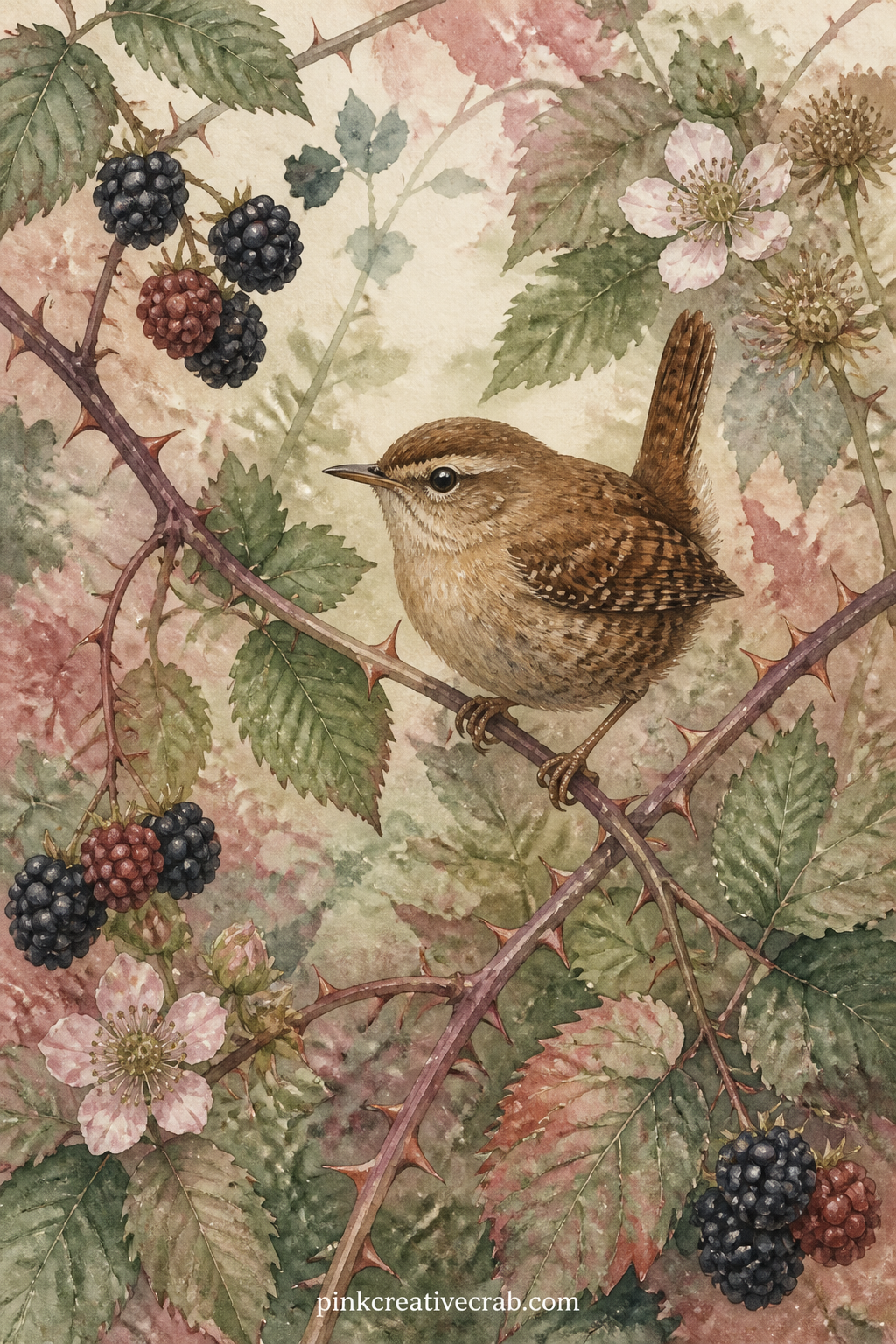 Wren In The Bramble printable page — Tuck a pressed leaf or a dried sprig against this page before gluing it in, right along the bramble edge where the wren