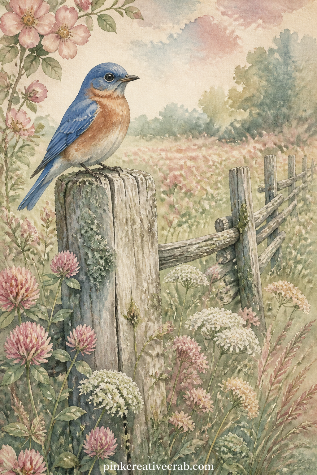 Bluebird On A Fence Post printable page — Pair this page with the Feather And Twig Pattern background later in the set: use the pattern as a facing page and