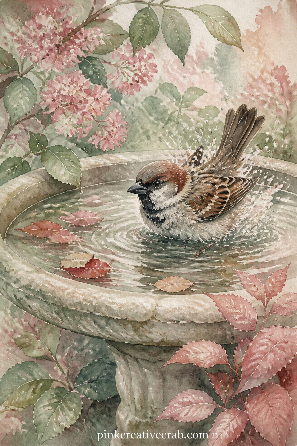 Sparrow At The Birdbath printable page — The usual mistake with a birdbath scene is cramming too many ripples and drips around the bird, which flattens the