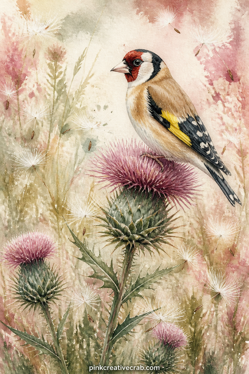 Goldfinch On A Thistle printable page — Goldfinch perched on a tall thistle head, surrounded by a scatter of drifting seed fluff and two or three smaller