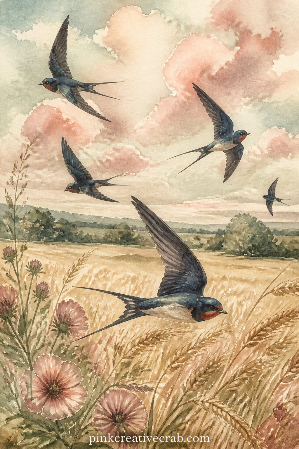Swallows Over The Wheat Field printable page — This page asks for a lot of open sky, so give that space real attention: a warm late afternoon wash, a few