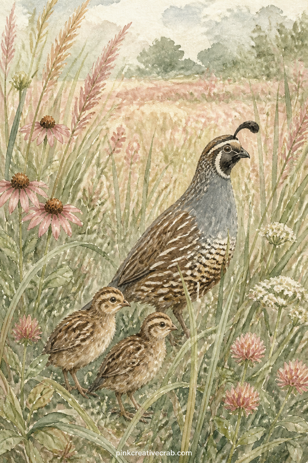 Quail Family In Tall Grass printable page — Give this page to the reader in your gift journal who loves a quiet family scene: the parent quail with its topknot