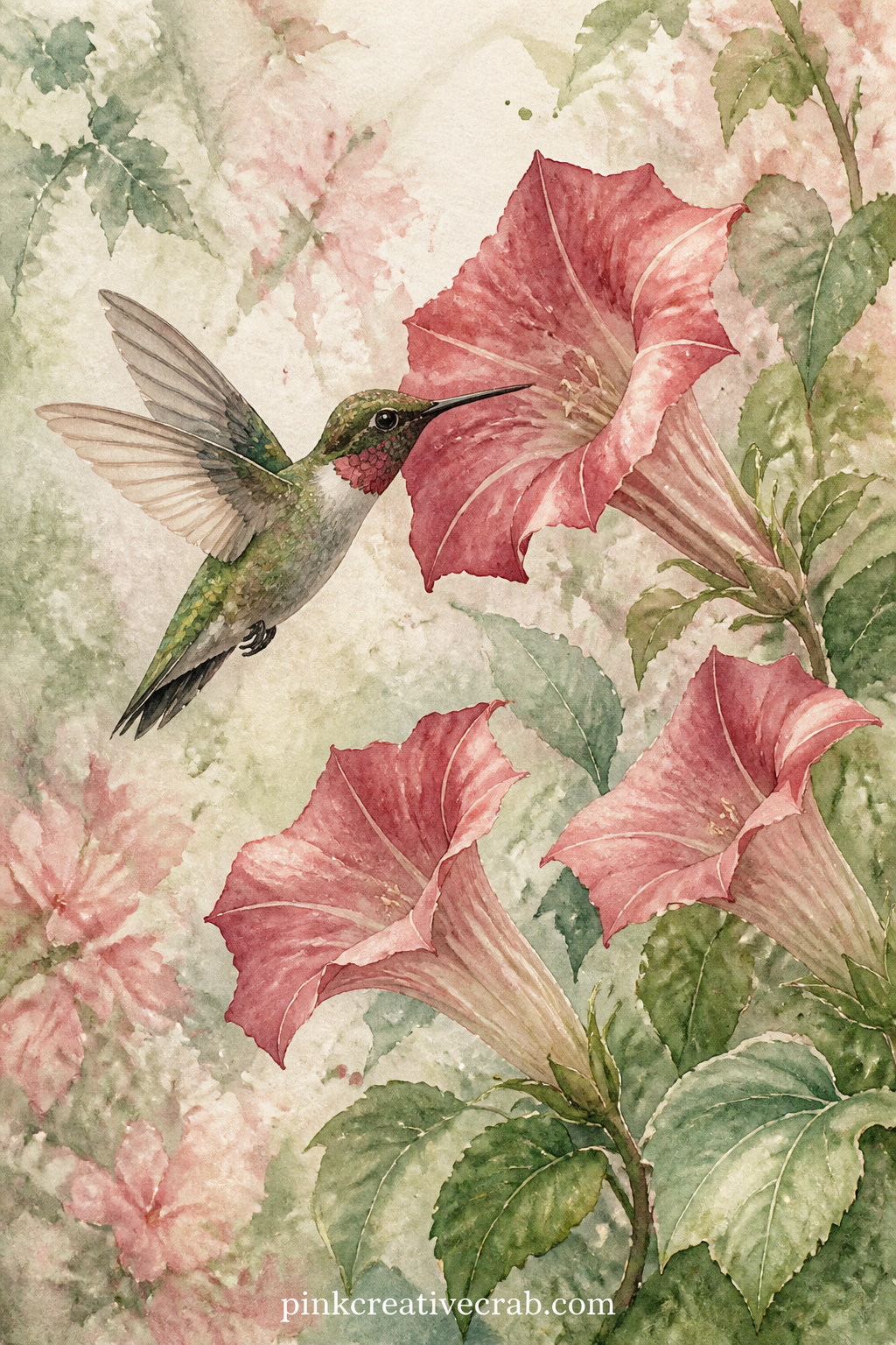 Hummingbird At The Trumpet Flower printable page — Hummingbird hovering beside a trumpet flower, with two more blooms nearby and a scatter of soft green leaves