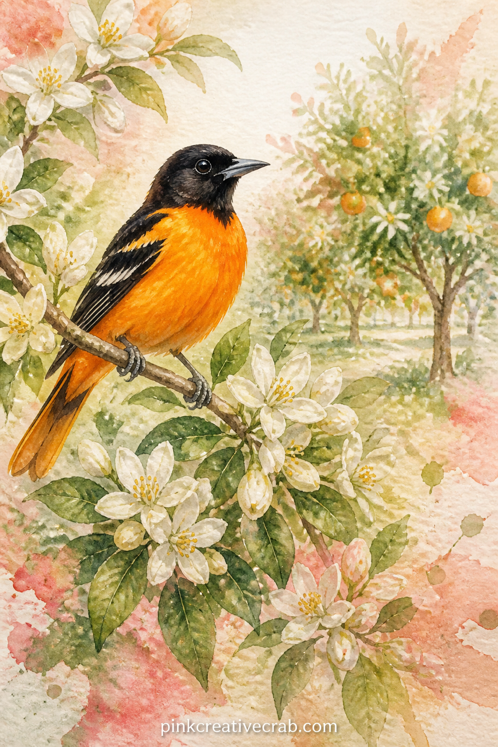 Oriole Among The Orange Blossoms printable page — The five minute version of this page skips the full orange tree: paint just the oriole and a single branch of