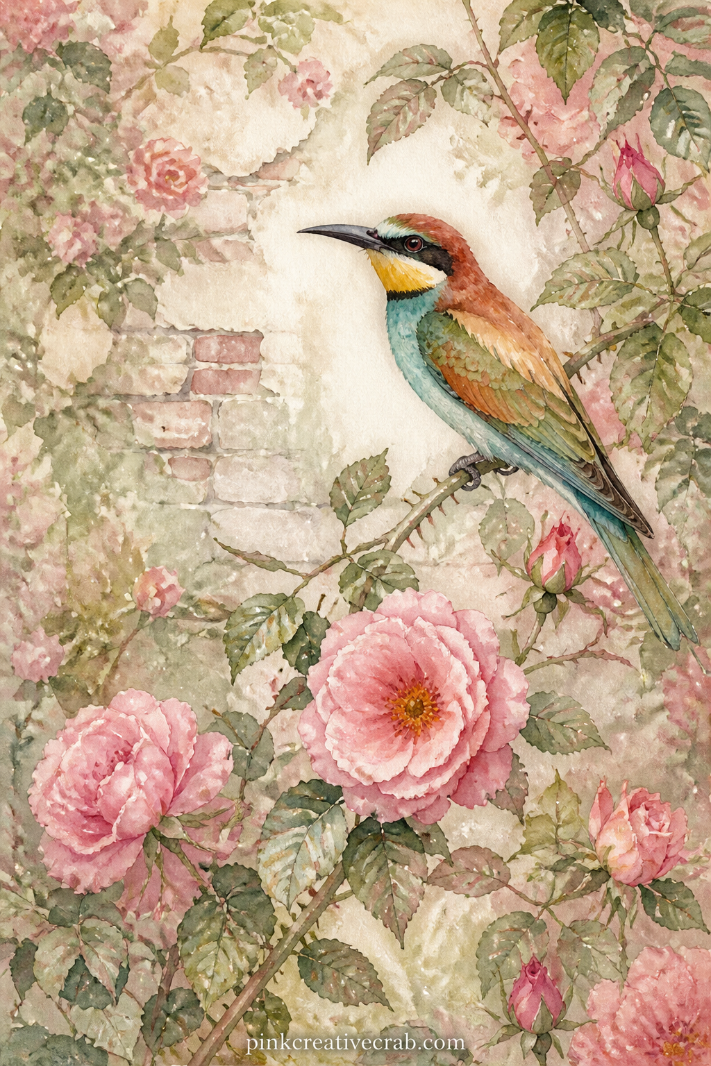 Bee Eater On A Rose Vine printable page — Tuck a pressed petal, a cutting from an old seed packet or a short note about a garden you remember onto this page