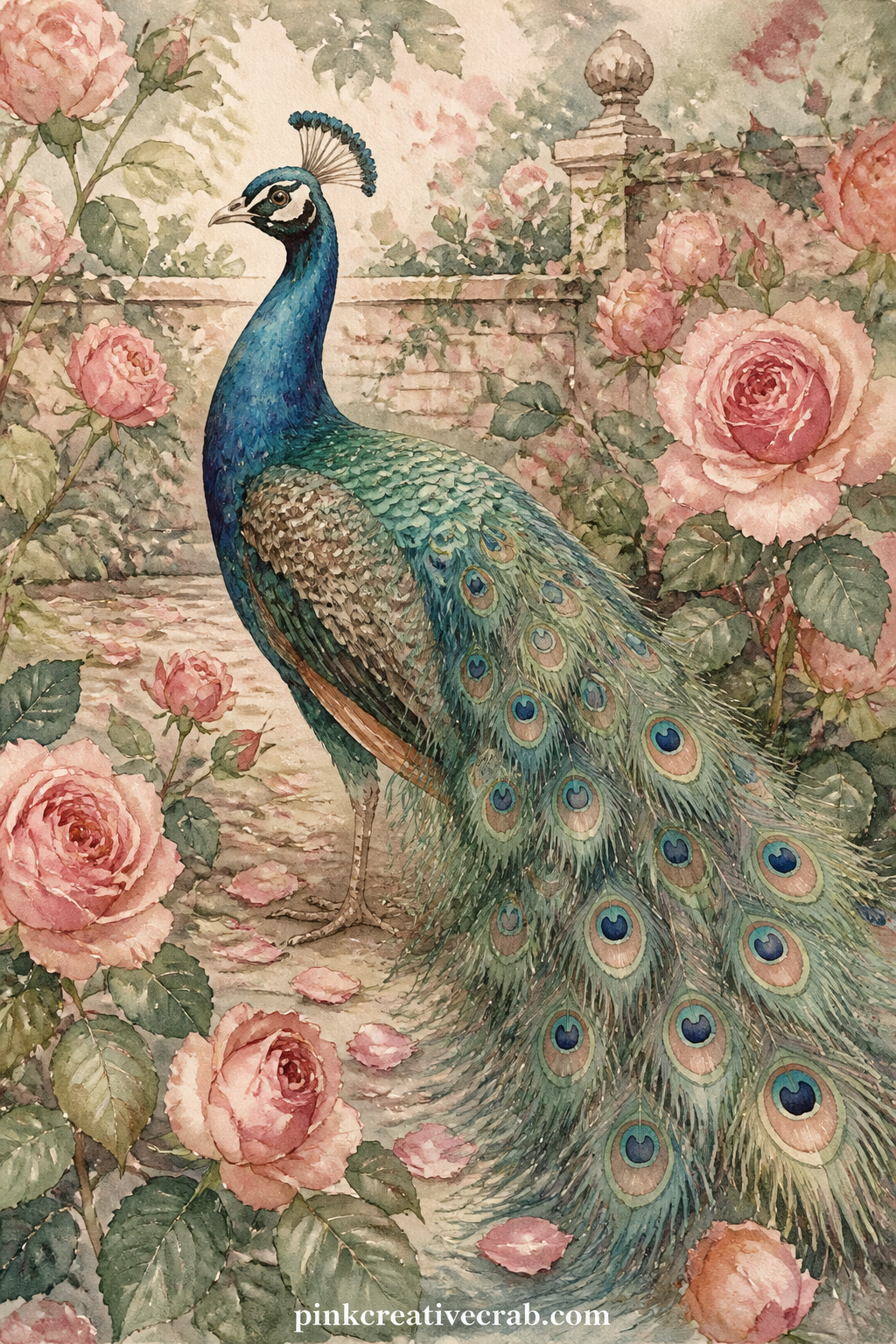 Peacock In The Rose Garden printable page — Place this page facing the Oriole Among The Orange Blossoms page a few sheets earlier, so the two garden scenes sit