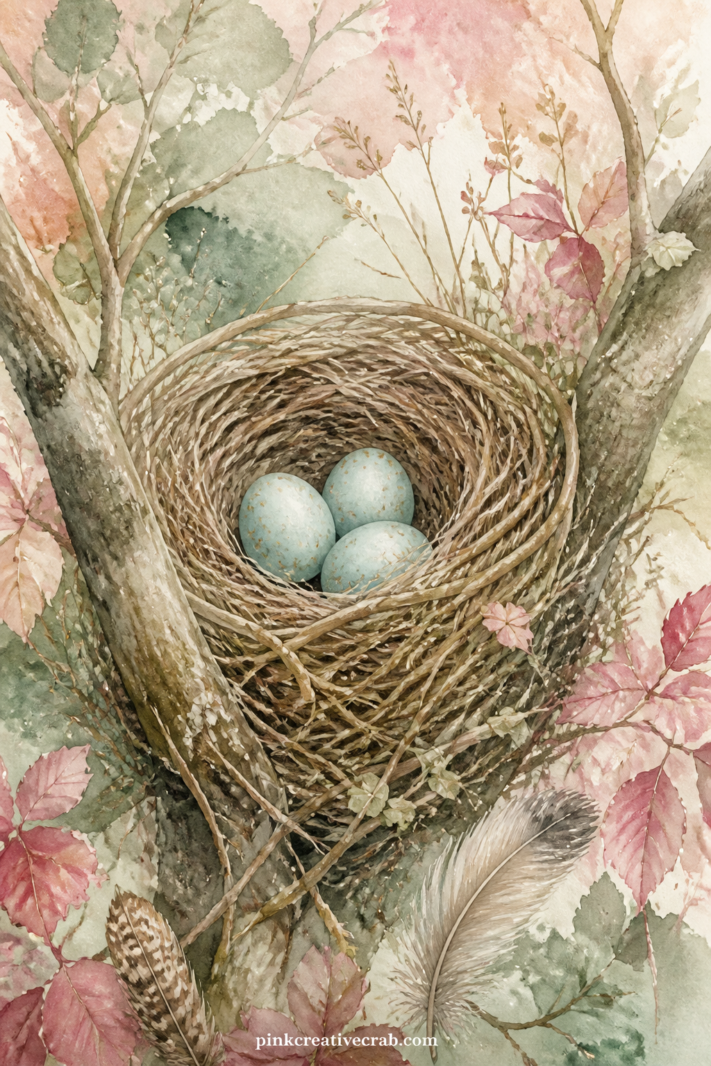Bird Nest With Three Blue Eggs printable page — Nest tucked into a forked branch holds three pale blue eggs, with a few loose twigs and a curl of dried grass