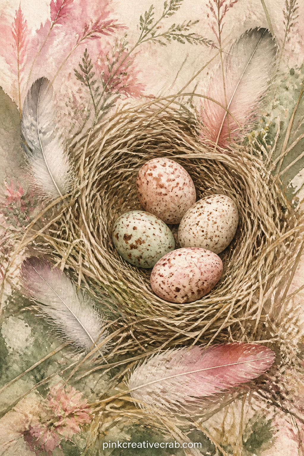 Speckled Eggs In A Grass Nest printable page — A common slip here is painting eggs so uniform they look printed rather than gathered from nature. Bird junk