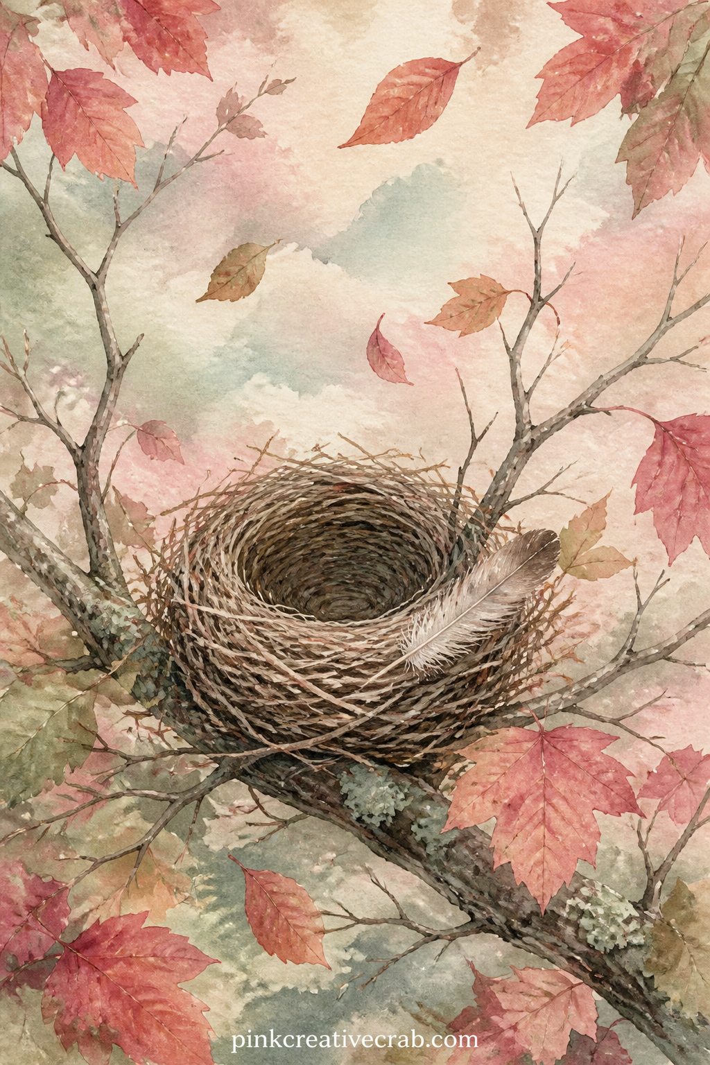 Empty Nest In Autumn printable page — An empty nest sits abandoned on a bare branch as autumn leaves drift down around it, the birds long since flown for the