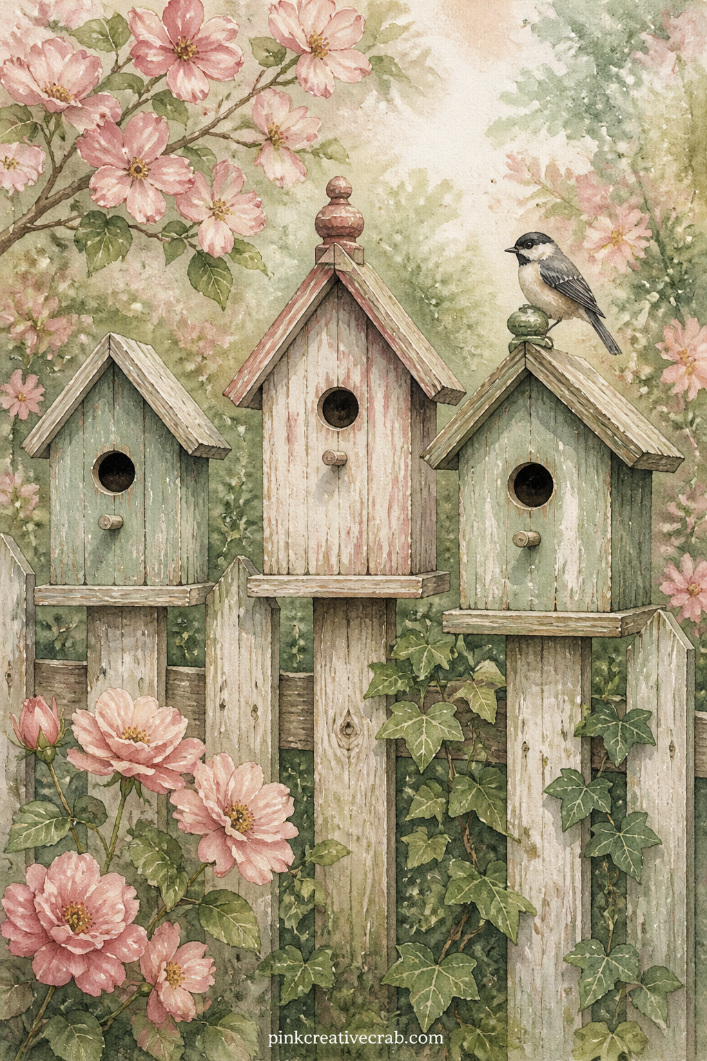 Vintage Birdhouses On A Fence printable page — Three weathered birdhouses sit in a row along an old wooden fence, each a slightly different shape, with ivy