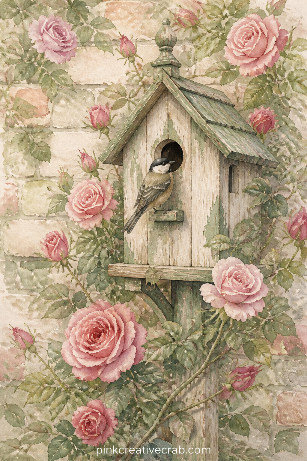 Birdhouse With Climbing Roses printable page — Cut this page out along its edge and tear the border slightly by hand rather than trimming it clean, so the