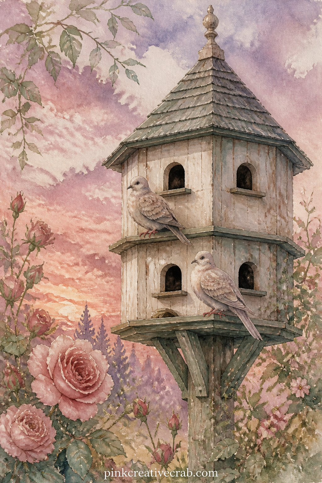 Dovecote At Dusk printable page — A tall wooden dovecote stands quiet at dusk, two doves settled on its ledges while the sky behind it fades into soft lavender