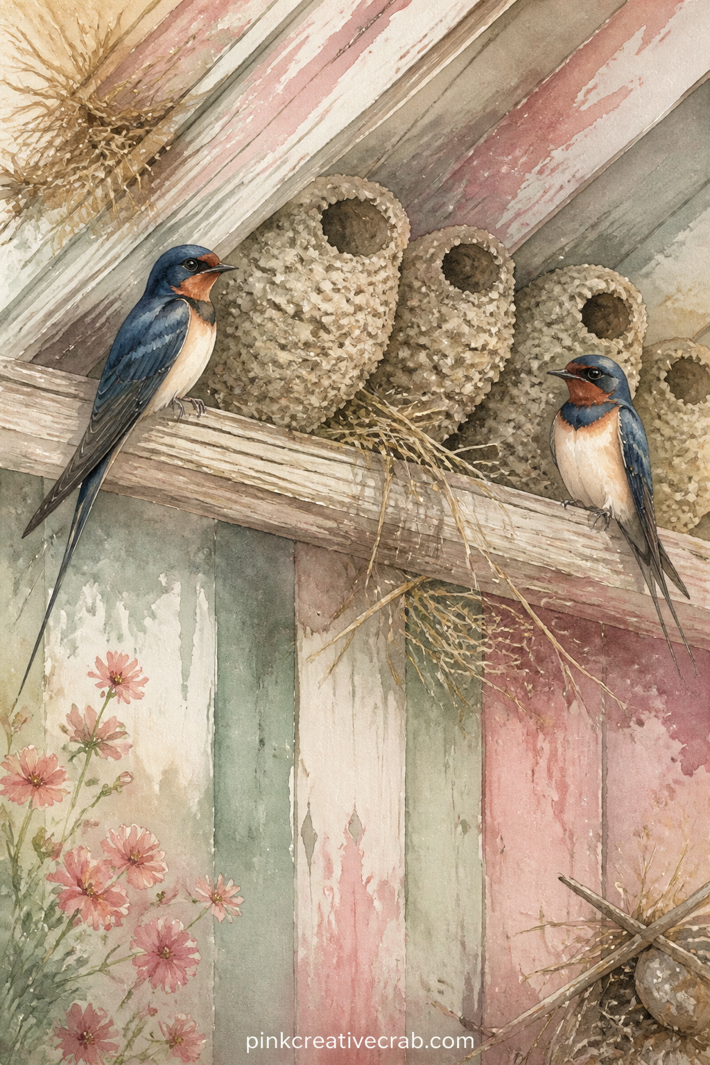 Old Barn Swallow Eaves printable page — Mud nests cling beneath a barn's wooden eaves, with two swallows perched nearby and a scatter of straw caught in the